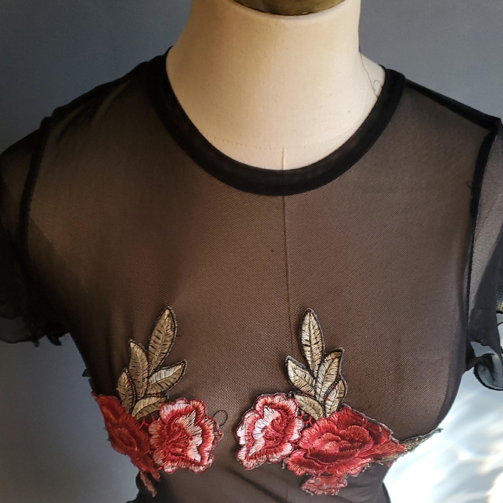 Chic Black Sheer Top with Red Floral Design - Picture 3 of 8